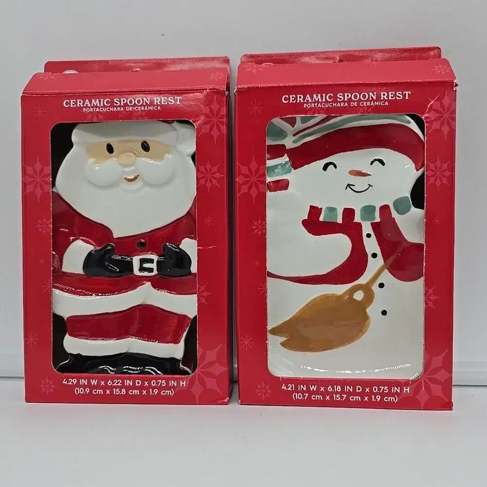 Holiday Time Christmas Snowman/Santa Holiday Ceramic‎ Bundle Spoon Rest